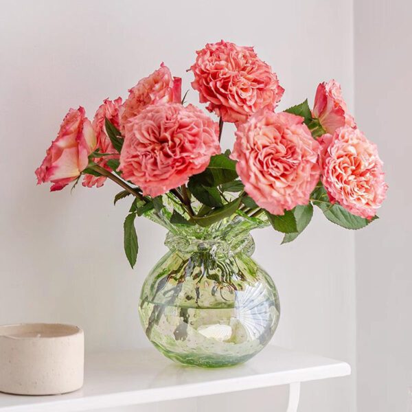 Transparent Glass Vase With Pink Flowers (Accompanied by Small Candle)
