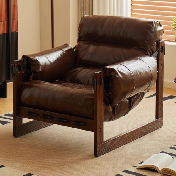 Jersey Island Chair Brown Oil Wax Leather Recliner – Adjustable Retro Single Lounge Chair with Solid Wood Frame for Living Room