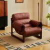 Burgundy Waxed Leather Adjustable Recliner Chair – Retro Single Lounge Chair with Solid Wood Frame for Living Room