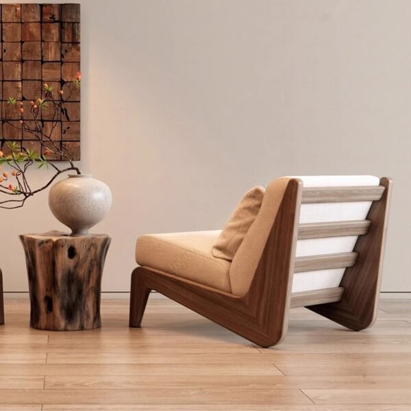 Light Brown Fabric Single Lounge Chair with Wood Frame – Modern Minimalist Accent Chair for Living Room