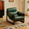 Green Waxed Leather Adjustable Recliner Chair – Retro Single Lounge Chair with Solid Wood Frame for Living Room Decor