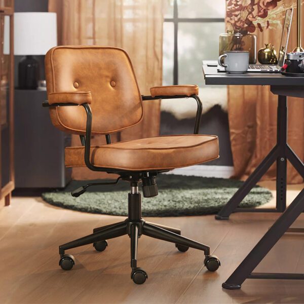 Vintage Leather Office Leisure Swivel Chair – Comfortable Adjustable Desk Chair with Five-Star Casters