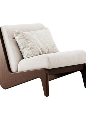 Beige Fabric Single Lounge Chair with Walnut Wood Frame – Modern Minimalist Accent Chair for Living Room