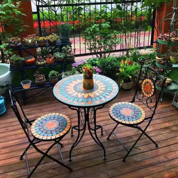 Patterned Outdoor Table and Chair Set | Patio Decor Furniture Patterned Outdoor Table and Chair Set - Wrought Iron Base Decor Furniture for Patio
