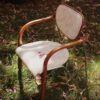 Vintage Style Wooden Armrest Fabric Leisure Chair – White Seat Living Room Relax Chair