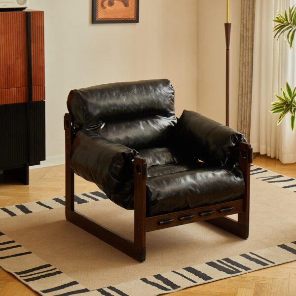 Black Waxed Leather Adjustable Recliner Chair – Retro Industrial Style Single Lounge Chair with Solid Wood Frame for Living Room