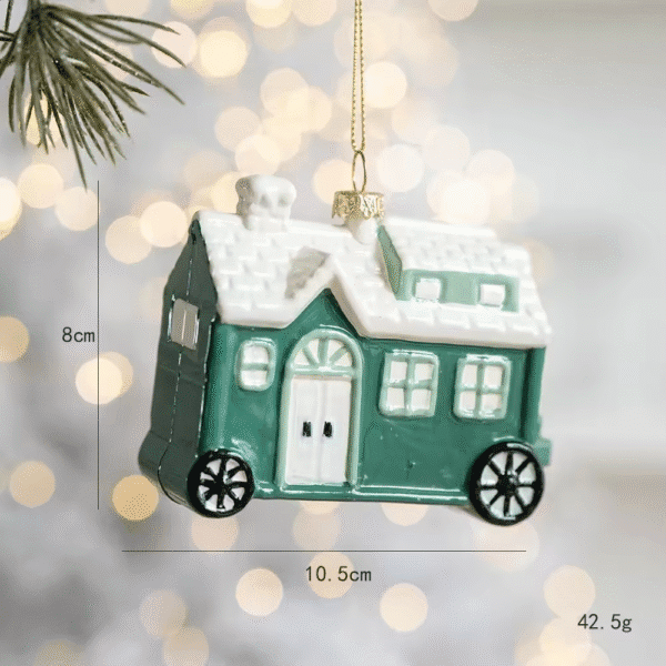 Christmas-themed Green & White House-Camper Decorative Ornament (Festive Hanging Style)