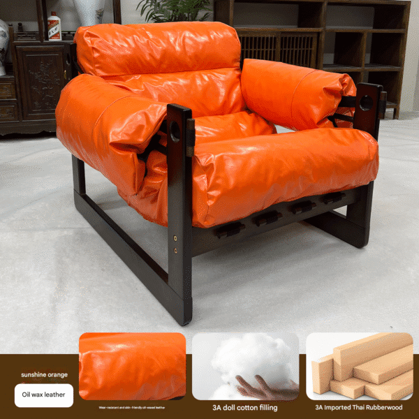Sunshine Orange Waxed Leather Adjustable Recliner Chair – 3A Doll Cotton Filling & Thai Rubberwood Frame Single Lounge Chair for Living Room