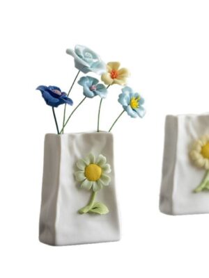 Two Small Decorative Ornaments With Flower Patterns (White & Yellow Accents)Ceramic Paper Bag Vase with Flowers