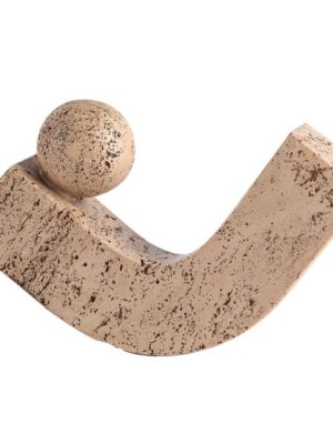 A minimalist wabi-sabi style abstract decorative ornament, featuring an arc-shaped base and a matching sphere with natural travertine texture. Displayed against a clean white background, it highlights the subtle, earthy tone and tactile grain, ideal for modern, serene home decor