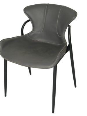 A modern minimalist dining chair featuring a curved, streamlined backrest and seat upholstered in grey faux leather, with contrast white stitching. Supported by a slim black metal frame and tapered legs, it’s designed for contemporary dining spaces.