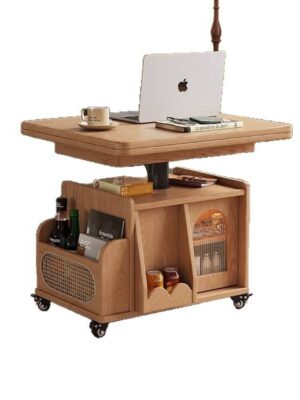 Multifunctional movable wooden side table with laptop stand and storage racks for living room