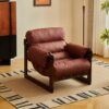 Burgundy Waxed Leather Adjustable Recliner | Retro Solid Wood Single Lounge Chair for Home Burgundy Waxed Leather Adjustable Recliner Chair – Retro Single Lounge Chair with Solid Wood Frame for Living Room