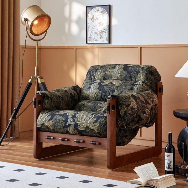 Black & Gold Botanical Print Adjustable Recliner | Retro Solid Wood Single Lounge Chair for Home Black & Gold Botanical Print Adjustable Recliner Chair – Retro Style Single Lounge Chair with Solid Wood Frame for Living Room