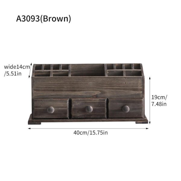 A sizing chart showing the dimensions of the rustic wooden makeup organizer: 40cm (15.75in) long, 14cm (5.5in) wide, and 19cm (7.48in) tall.