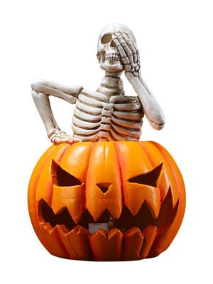 Halloween-themed Skeleton Figurines with Pumpkin Decor - Festive Desktop Ornament
