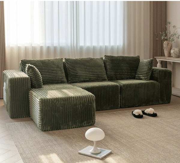 Dark Green L-shaped Retro Fabric Sofa (Actual Space Display Version With Matching Ottoman) – Comfortable Living Room Furniture