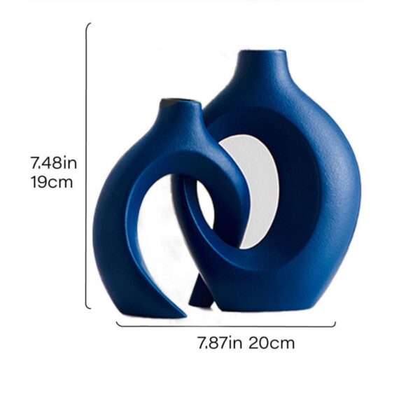 Dark Blue Double-Ring Connected Art Vase With Size Label – Modern Minimalist Decor Flower Vessel