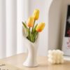 White Minimalist Slim-neck Vase (With Yellow Tulip Floral Display) – Fresh Bright Home Desktop Decor Flower Vessel