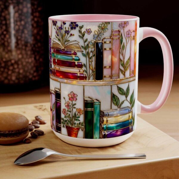 Creative Pattern Decorative Mug (Real Desktop Scene Display) – Pink Handle Ceramic Drinking Vessel