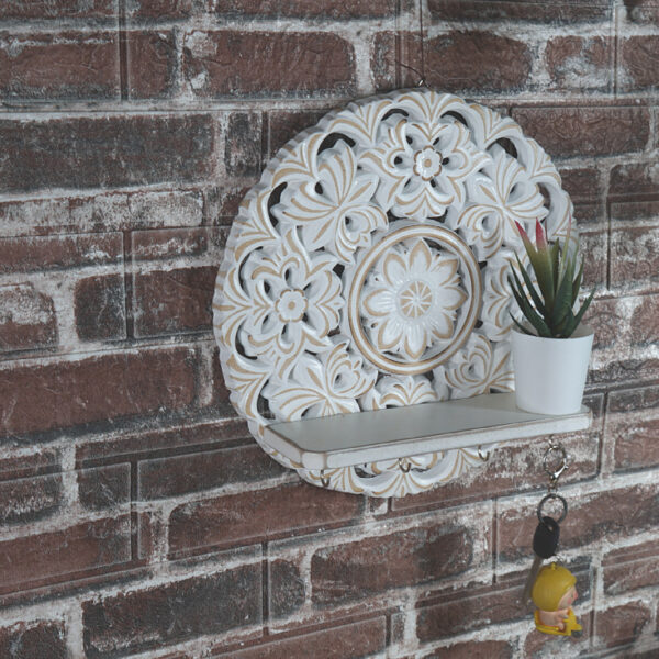 Wood-Carved Wall Shelf with Hooks — Vintage Floral Wall Decor