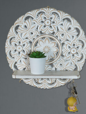Wood-Carved Wall Shelf with Hooks — Vintage Floral Wall Decor