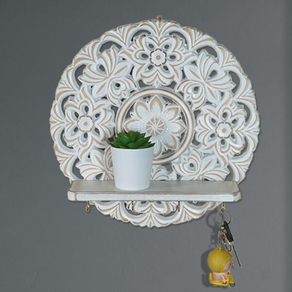 Wood-Carved Wall Shelf with Hooks — Vintage Floral Wall Decor
