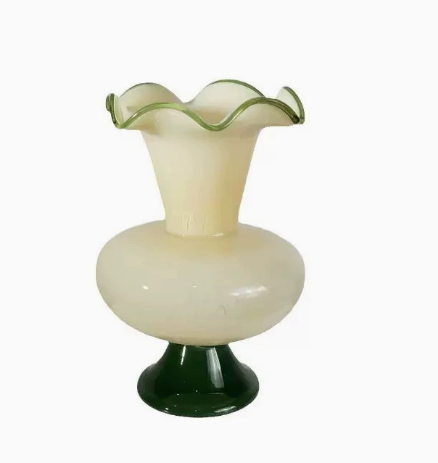 Vintage Ruffled Rim Glass Vase - Retro Green & Cream Flower Vase for Home Decor