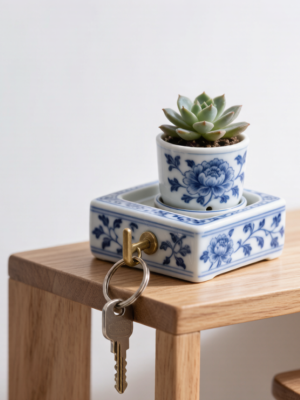 "Blue & Bloom" – Jingdezhen Blue-and-White Porcelain Key Organizer & Mini Planter