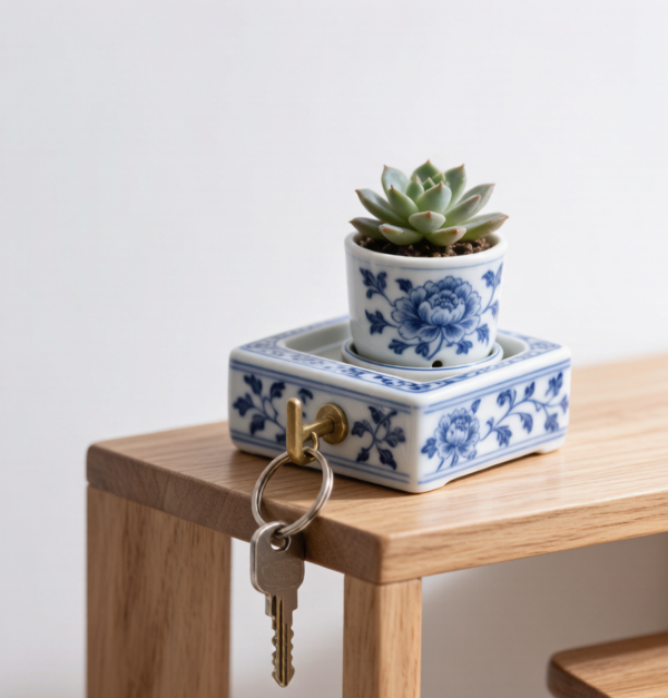 "Blue & Bloom" – Jingdezhen Blue-and-White Porcelain Key Organizer & Mini Planter