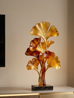 "Golden Ginkgo" – Modern Resin Ginkgo Leaf Art Sculpture for TV Cabinet & Wine Bar