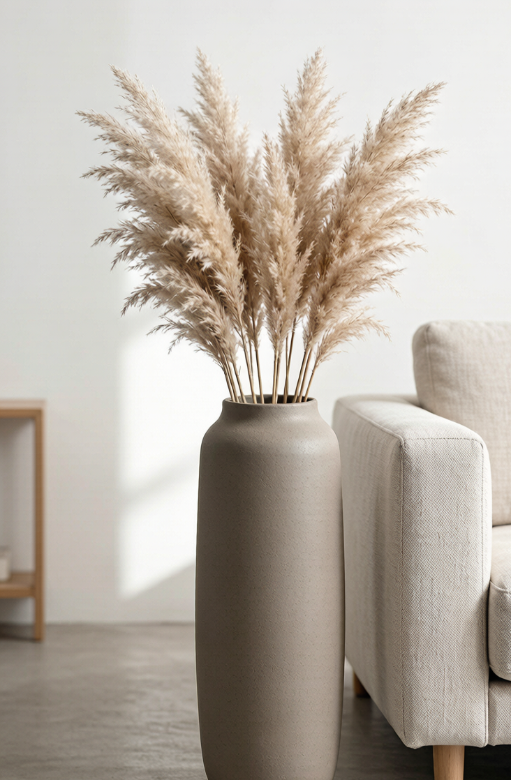 “Tall & Tactile” – European Matte Ceramic Floor Vase with Pampas Grass Styling