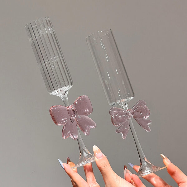 bow-champagne-flutes-pair-display Pink Bow Champagne Flute - Ribbed and Smooth Stemware