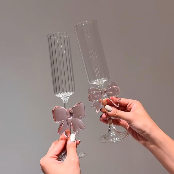 bow-champagne-flutes-pair-toast Pink Bow Champagne Flute - Ribbed and Smooth Stemware