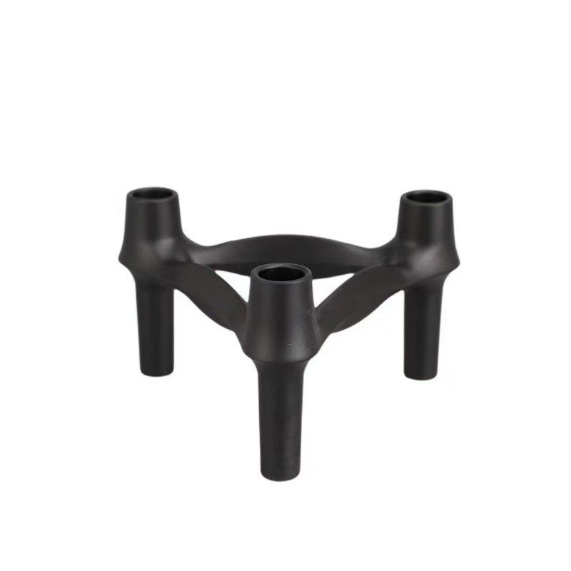 Glossy black finish — three-arm candelabra