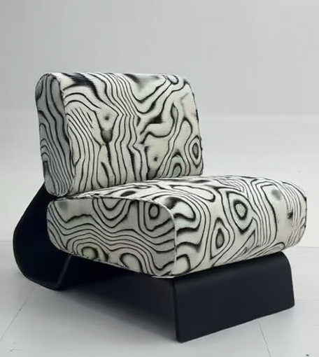 Black and white swirl print accent lounge chair with oversized plush cushions and sculptural bentwood base, front view