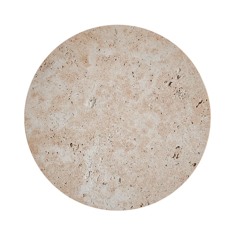 Natural yellow travertine stone disc texture of the wall lamp, top view on white background